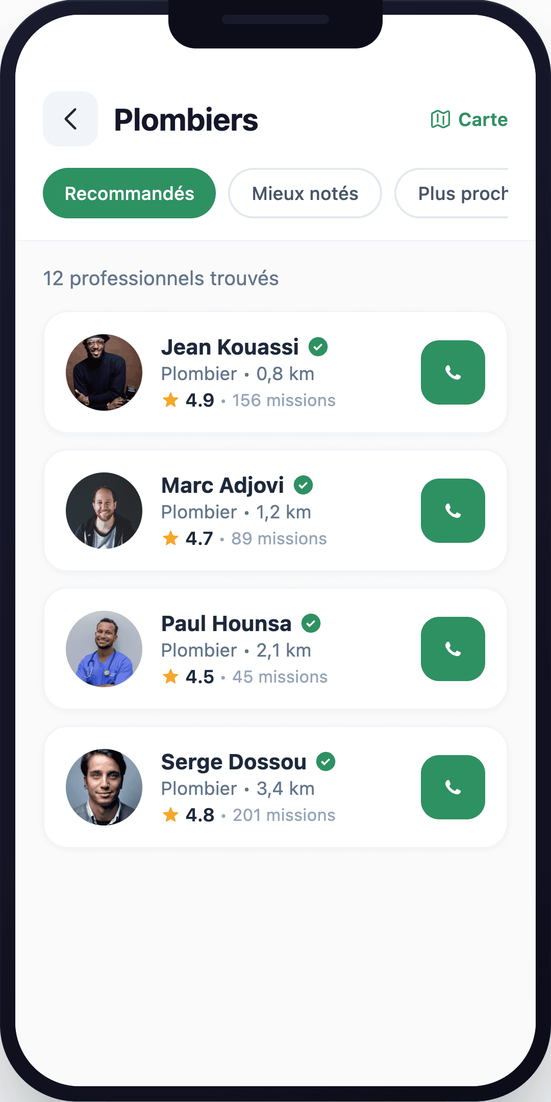 Liste de pros vérifiés sur Azohwe